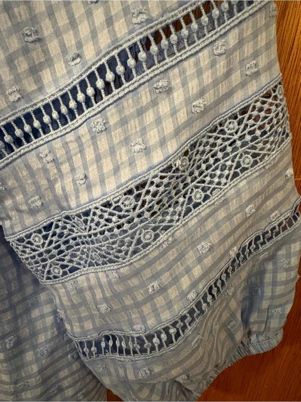 BCX Pale Cornflower Blue Peasant Blouse with Crochet Sleeve Panels - Picture 2 of 7